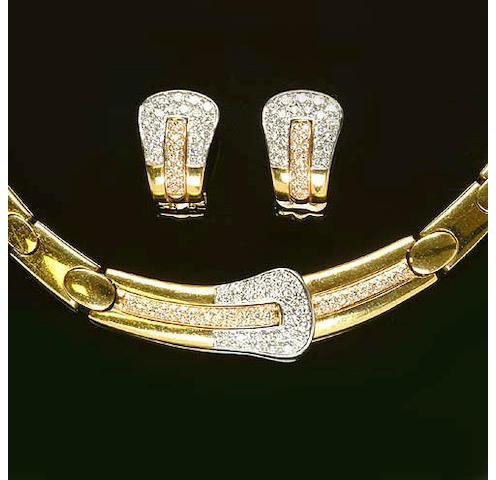 An 18 carat yellow gold diamond-set necklace, earring and ring suite by Boodle and Dunthorne (3)