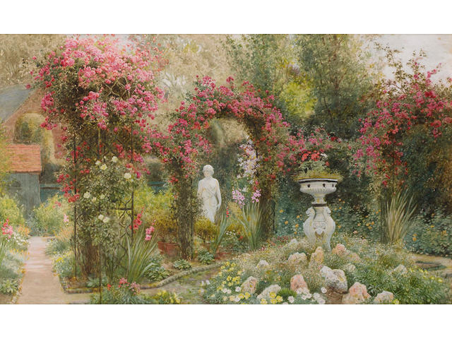 Arthur Claude Strachan (British, 1865-1932) A statue in a romantic garden 27 x 45 cm. (10 3/4 x 17 3/4 in.)