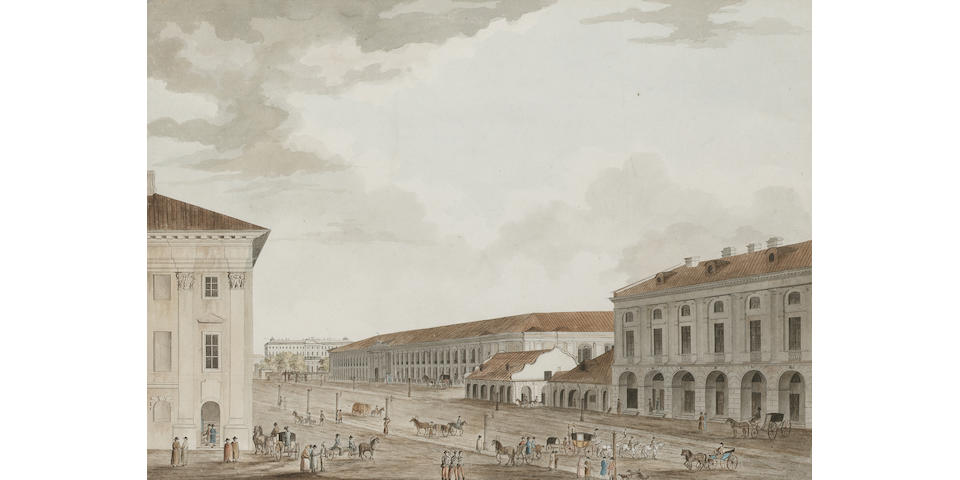 Joseph Hearn (British, fl. c. 1790) Gostinoy Dvor, ou les Boutiques public la Perspective de Nevsky &#224; St. Petersburg 45.1 x 59 cm. (17 3/4 x 23 1/4 in.)