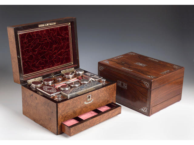 A Victorian burr walnut and inlaid Dressing Table Box,