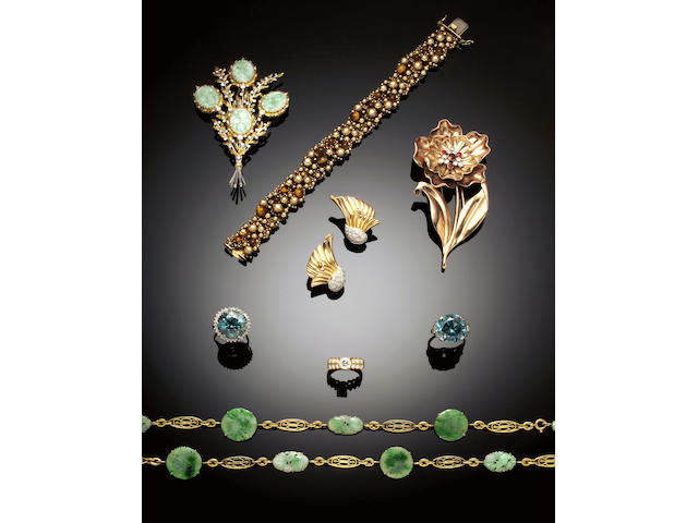 A jade and diamond floral spray brooch by Federico Buccellati
