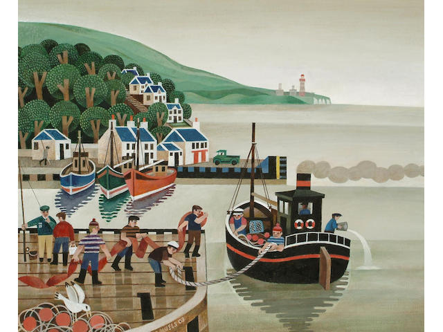 Alfred Daniels (British, b.1924) Fisherman in the harbour 53.5 x 63.5cm.