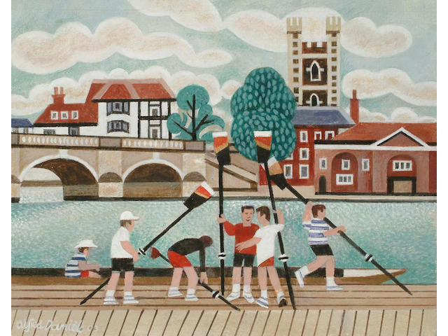 Alfred Daniels (British, b.1924) Rowers by the river 20 x 25cm.