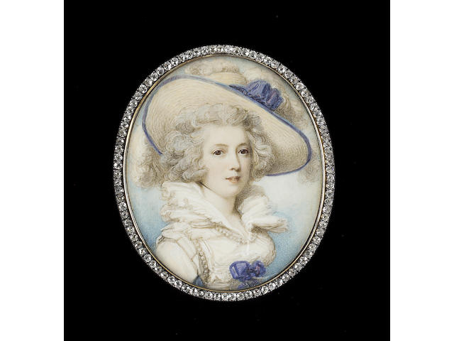 Richard Cosway R.A., Mrs Parsons (n&#233;e Huff), wearing large straw bonnet trimmed with blue ribbons and white ostrich feathers, white dress with frilled layered collar, blue ribbon at her corsage and pearls around the shoulder and neckline