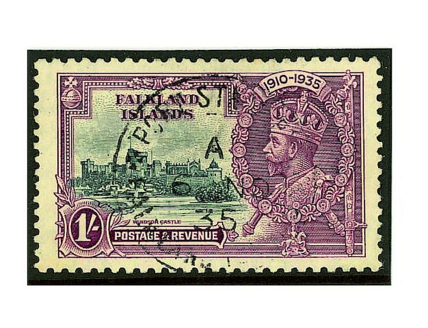 Falkland Islands: 1935 Jubilee 1/- slate and purple used, with the variety extra flagstaff, very fine and scarce. R.P.S. Certificate (1978). SG &#163;2,250 (086)