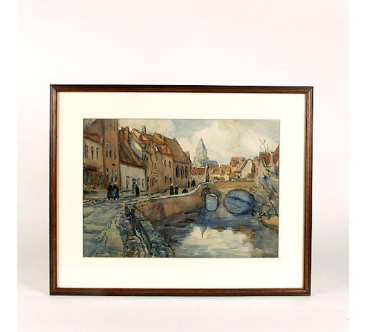 S Dennant Moss watercolour of a street scene, framed and glazed, 35cm x 25cm.