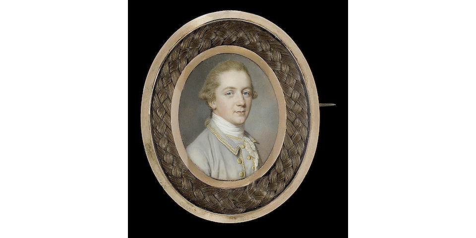 John Smart, Thomas Russell (1750-1814), wearing pale grey coat and waistcoat trimmed with gold braid and buttons, white stock and lace cravat, his hair worn en queue