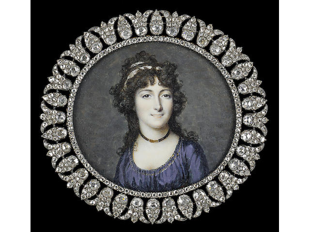 Fran&#231;ois Dumont, A Lady, wearing dark blue dress with gold trim, black ribbon necklace with gold clasp and white ribbon in her dark curled hair