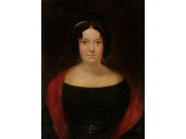 English School (19th Century), Portrait of a lady wearing a black dress and a red shawl, 40 x 29cm.