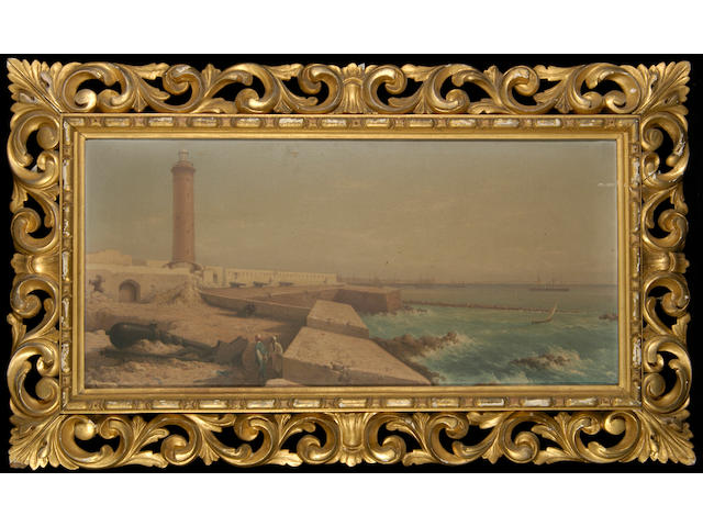 Gerolamo Gianni (Italian 1837-1887) Arabs on a breakwater, with lighthouse and shipping beyond, possibly Venice 32 x 66cm (12 1/2 x 26in).