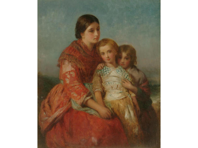 Charles Baxter (British 1809-1879) Mother and children beside the sea, 30.5 x 25.5cm