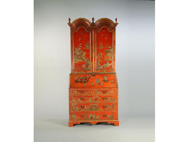 A reproduction scarlet chinoiserie lacquered bureau cabinetin the George II style,