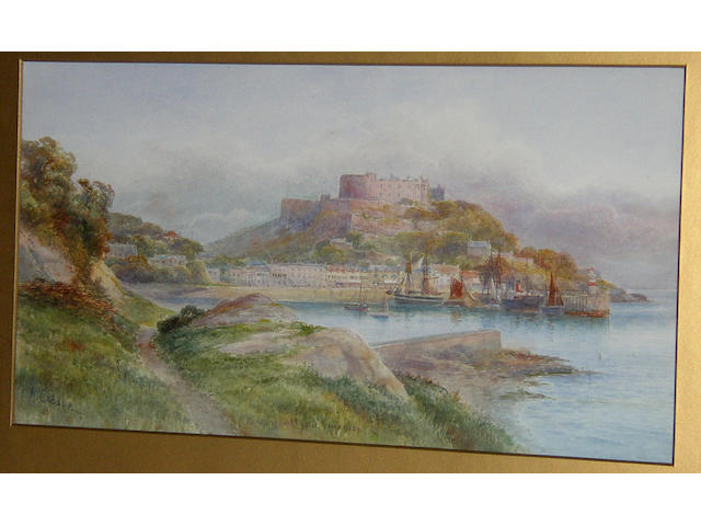 M** Crosse (late 19th Century) British, "Hoorn Head, Donegal", "Mount Orgueil Castle, Guernsey"both signed 'M. Crosse' and inscribed with titles, watercolour, 24 x 44xm (9&#189; x 17&#188;in).  (2)