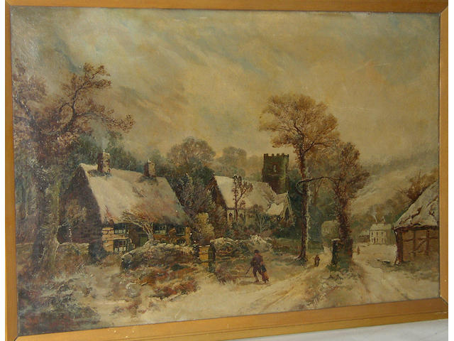 Harry Foster Newey RBSA (Fl. 1882-1927) British, Village scene in winterinscribed on label verso 'Painted by Newey', oil on canvas, 51 x 76cm (20 x 30in).
