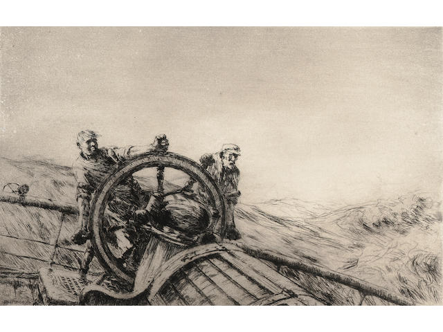 Arthur Briscoe The Wheel Etching, 1927, on laid, with margins, signed and numbered 44/75 in black ink; faint time staining, unexamined out of the frame, 225mm x 335mm (8 3/4in x 13 1/4in)(PL)