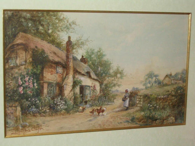 James Hughes Clayton Woman feeding chickens before a country cottage, 27 x 44cm.