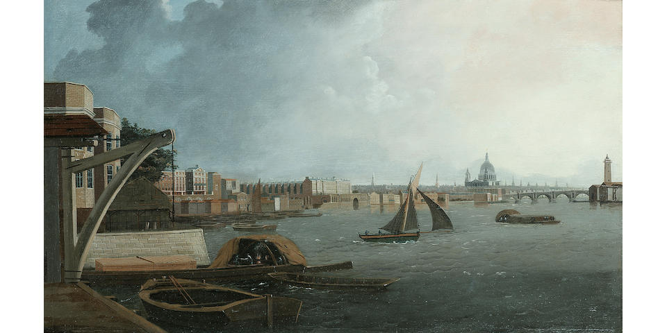 Daniel Turner (British, exh. 1782-1801) A view down the Thames looking towards St. Paul&#8217;s Cathedral, with Somerset House dominating the northern shoreline, 17 1/4 x 28 5/8in. (43.8 x 72.7cm.)