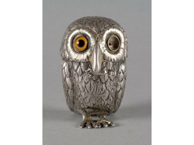 A Victorian owl mustard pot Joseph Angell, 1851,