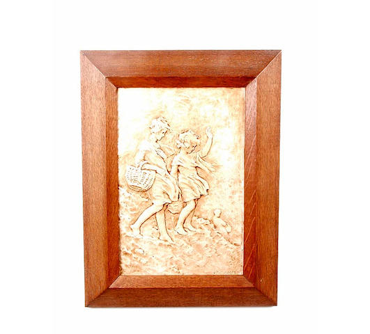 Sophia Rosamund Praeger (1867-1954) girls on a windy hillside, framed 31 x 20cm