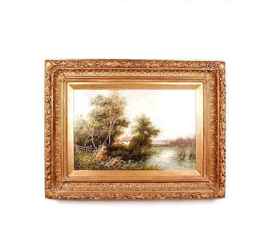 P Seslie Cottage by a river landscape, 43 x 60cm.