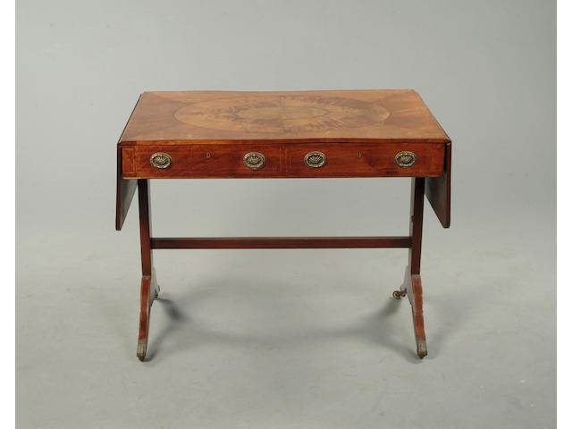 A George III satinwood, mahogany and maquetry inlaid sofa table with marquetry inlaid top