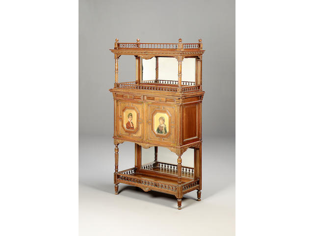 French, circa 1880, A Walnut, Parcel Gilt and Polychrome Decorated Side Cabinet,