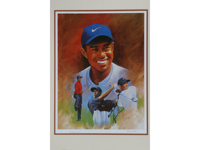 A large framed colourful Limited Edition print of 'Tiger Woods',
