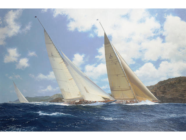 John Steven Dews (British, b.1949) 'Shamrock V' trailing 'Endeavour' and 'Velsheda' in the 1999 Antigua Classic Week Regatta 101.6 x 152.4cm.(40 x 60in.)
