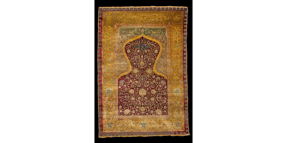 A silk and metal thread Zareh Penyamin Kum Kapi prayer rug Istanbul, 5 ft 7 in x 3 ft 10 in (170 x 117 cm)