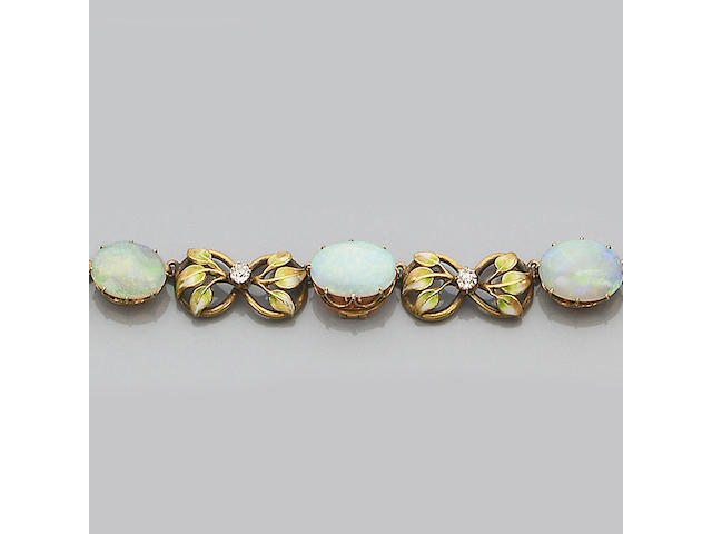 An early 20th century opal, diamond and enamel bangle and necklace suite (2)