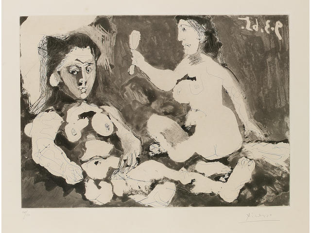 Pablo Picasso Femmes nues au Miroir Aquatint and drypoint, 1965, on thick cream wove, with margins, signed and numbered 27/50 in pencil; faint time staining, three minor fox marks,  unexamined out of the frame, 265mm x 370mm (10 1/3in x 14 1/2in)(PL)