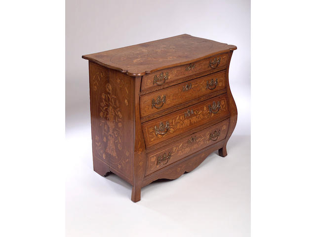 An 18th Century or later Dutch oak and marquetry inlaid Bombe Chest of Drawers,