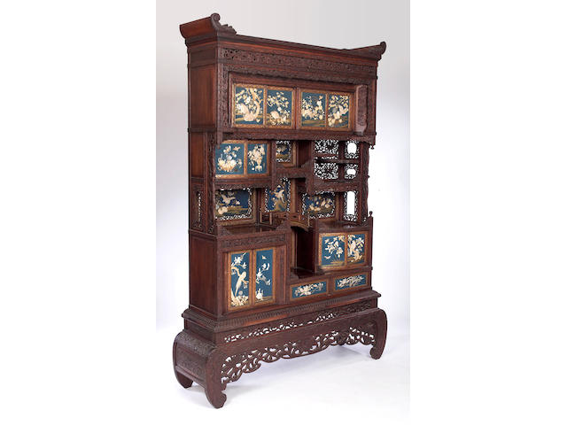 A Japanese carved hardwood, lacquered and inlaid open Display Cabinet, Meiji period,