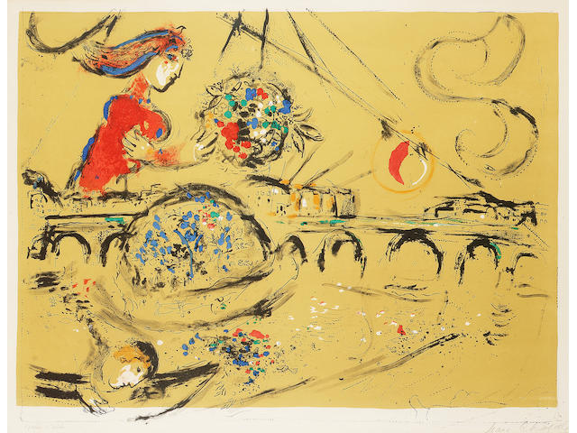 Marc Chagall Ile Saint-Louis Lithograph, 1959, printed in colours, on Arches, the full sheet, signed and inscribed 'Epreuve d'Artiste' in pencil, aside from the numbered edition of 75; mount stained, taped along top sheet edge, verso, faint time staining, 505mm x 670mm (19 7/8in x 26 3/8in)(I)