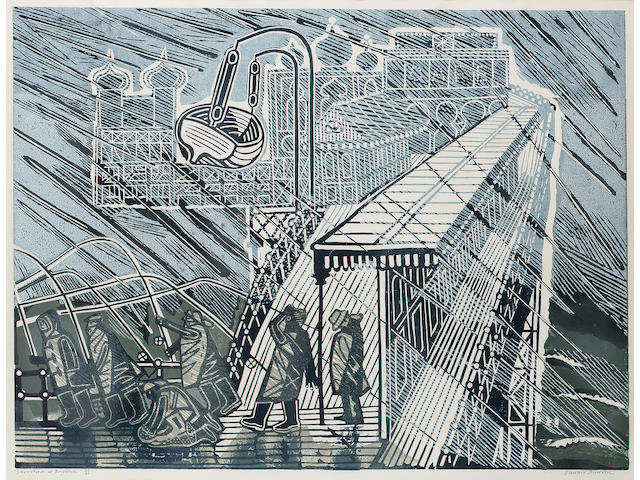 Edward Bawden Snowstorm at Brighton Linocut, printed in colours, on wove, signed, titled and numbered 40/40 in black ballpoint; faint time staining, unexamined out of the frame, 450mm x 610mm (17 3/4in x 24in)(I)