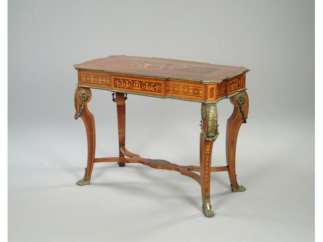 A Transitional style mahogany and marquetry centre table