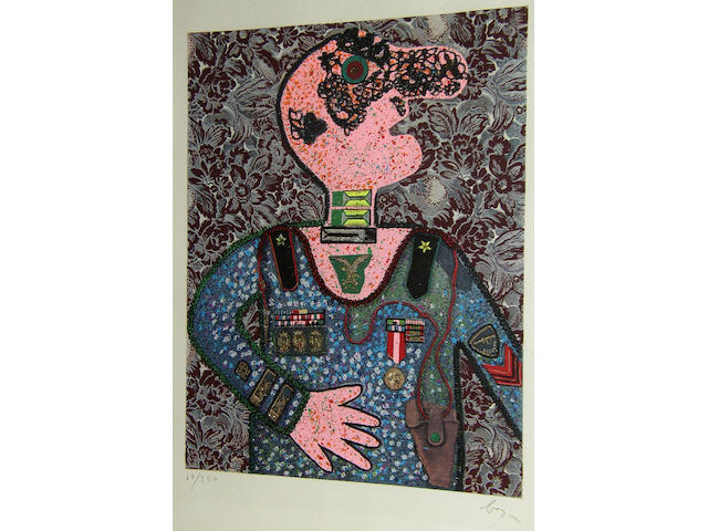Enrico Baj, General Bazooka; general with womanboth signed 'Baj' and numbered 60/250 in pencil, lithographs printed in colours, finished with mixed media, on wove, I. 75.5 x 60cm (larger). (2)