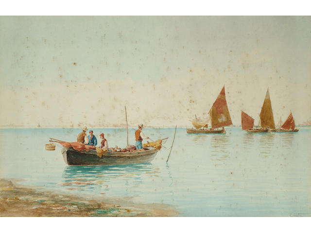 Pietro Galter (Italian, 1840-1901), Fishing boats in a Lagoon, 33 x 51cm.