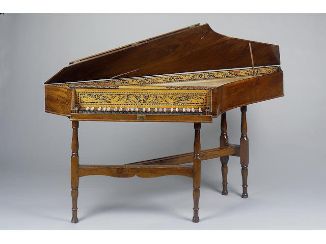 An Important English Bentside Spinet by Benjamin Slade London ca 1705. Inscribed on the jackrail; Benjamin Slade Faciebat Londini