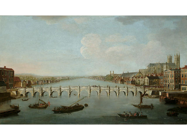 Joesph Nicholls (British, 18th Century) A View of Westminster Bridge, 26 3/4  x 44 7/8 in. (68 x 114 cm.)