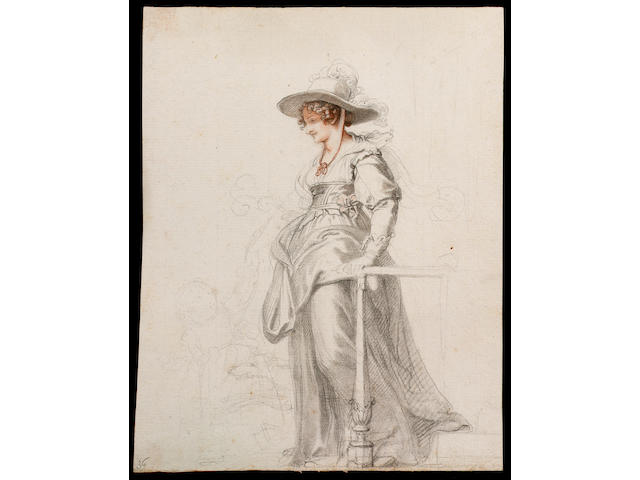 Richard Cosway R.A., Maria Cosway (1760-1838), her daughter Louisa (1790&#8211;1796) and dog; Maria stands full-length on steps, wearing 17th century style costume, her dress looped up over an underskirt, her boned bodice over a chemise, a broad-brimmed hat trimmed with ostrich feathers over her curled hair, she holds the hand of her daughter, a greyhound at her feet