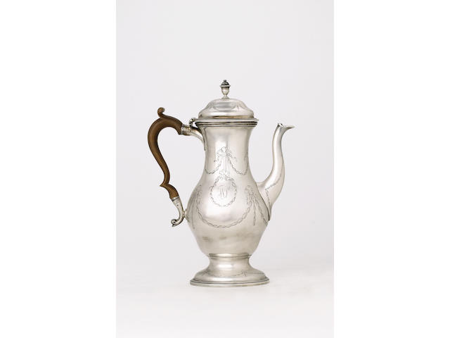 A very rare George III Provincial coffee pot by Hampston & Prince, York, circa 1779/84 (maker's mark, town mark, lion passant, crowned leopards head), fully marked to base, lion passant to rim of cover,