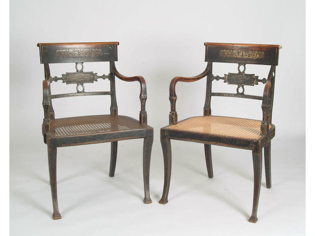 A set of six Regency painted beech elbow chairs
