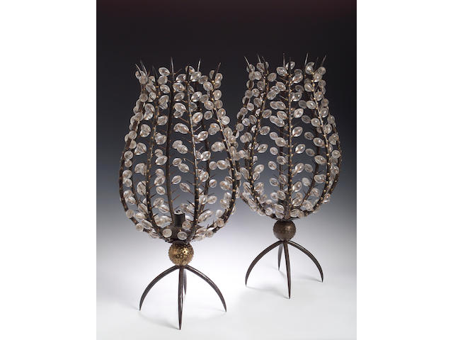 Andre Dubreuil, A pair of 'Fleur' iron and glass Candlestands,