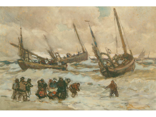 Joseph John Richard Bagshawe R.B.A. (1870-1909) Fishing boats and figures on the North Atlantic coast 36 x 53cm.