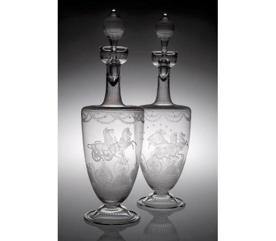 A fine pair of engraved glass decanters and stoppers, possibly Scottish or Stourbridge, circa 1865,