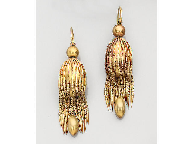 A pair of mid 19th century gold earpendants
