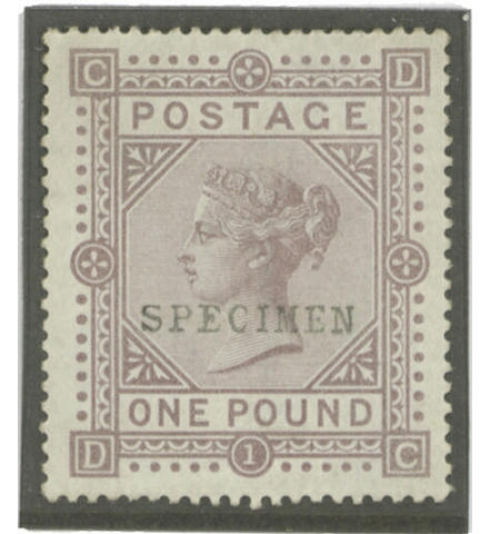 1882-83 wmk. Anchor on white paper: &#163;1 brown-lilac DC, optd. "SPECIMEN" type 9, unused, otherwise fine and rare. S.G.Spec. &#163;6000.