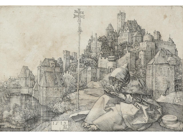 Albrecht Durer St Anthony Etching, 1519, a Meder d impression on laid, with the C.R. collectors stamp on reverse; with thread margins, 1cm tear into the image top left sheet edge, other defects; 100 x 142mm (3 7/8in x 5 2/3in)(SH)