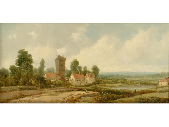 Alfred H Vickers (fl.1853-1907) 'A rural landscape with figures and a village' 20 x 40cm